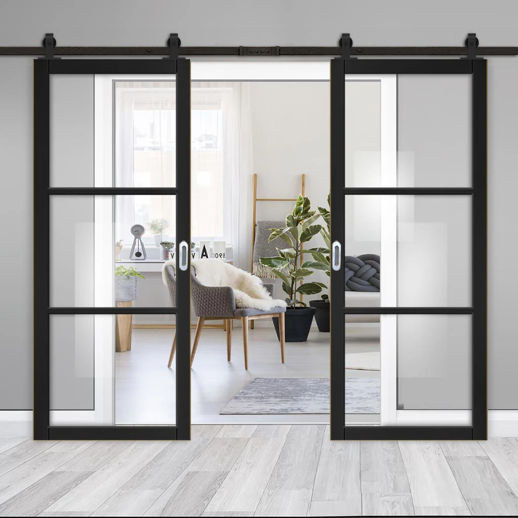 Camden-prefinished-black-clear-glass-urban-double-door-black-track-directdoors-35CAMGBLP610-THRMIN-DBL